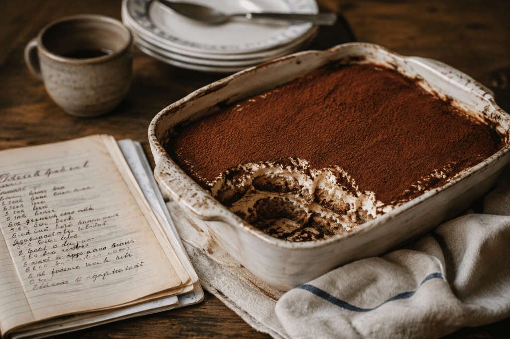Homemade tiramisu dusted with cocoa in a rustic ceramic dish, served beside coffee and an old handwritten recipe book.