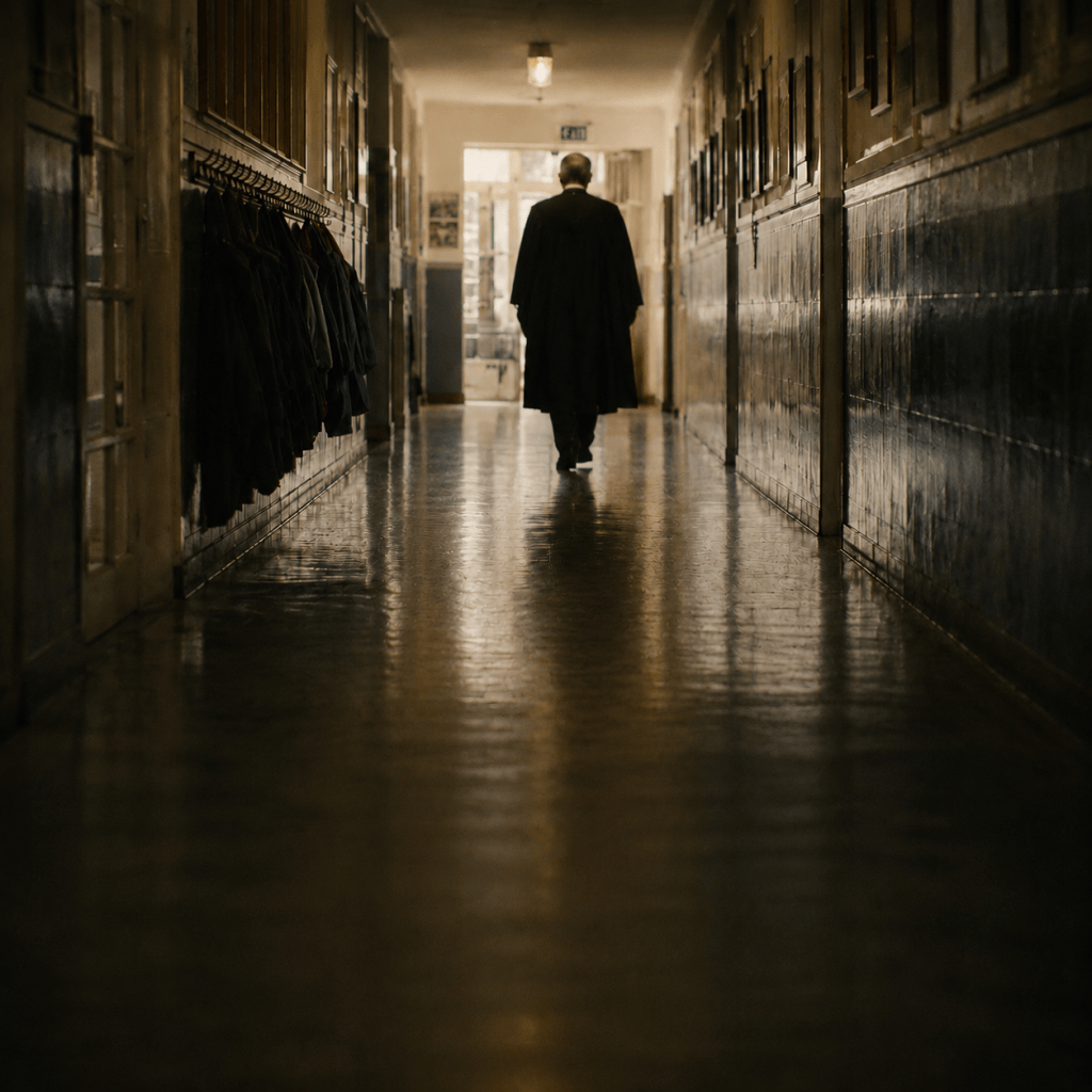 A man in a black academic gown walking through the corridor of an old school building, recalling the atmosphere of the Carnegie school in Killorglin.