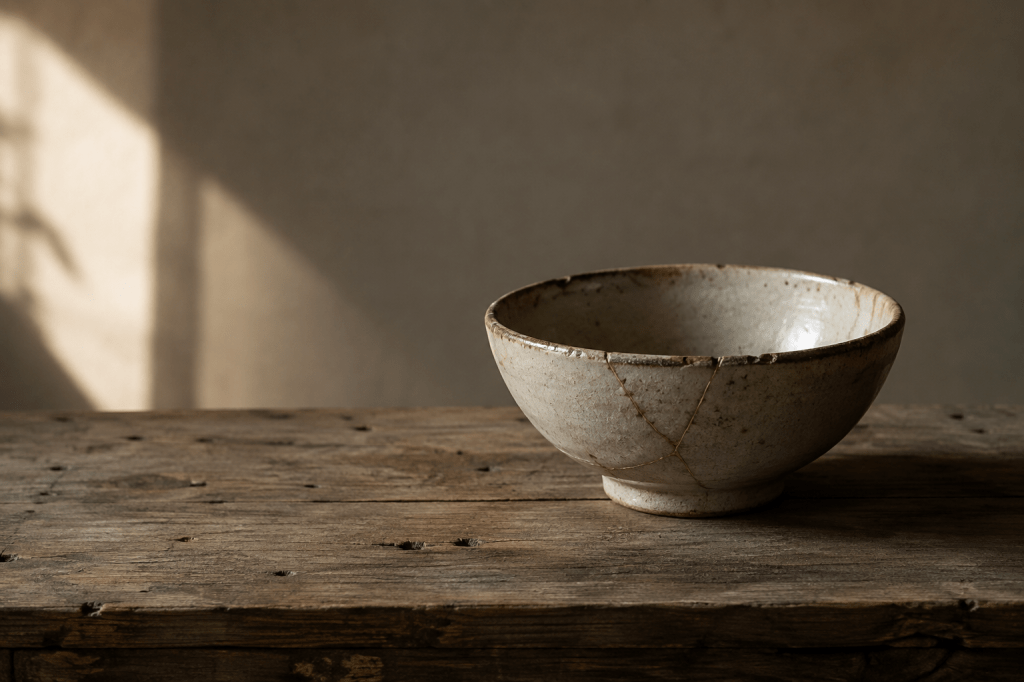 A worn, repaired ceramic bowl resting on an old wooden table in warm afternoon light.