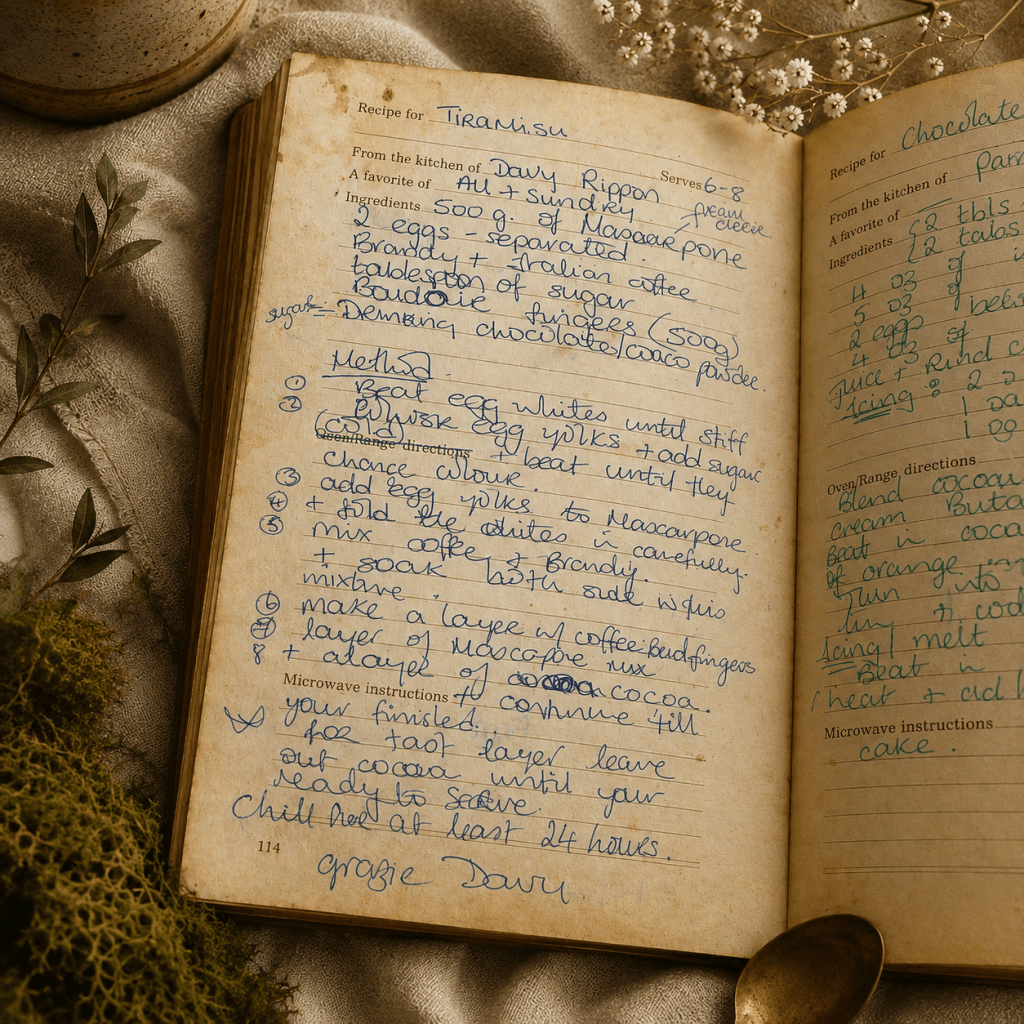 Claire’s handwritten tiramisu recipe in an aged recipe book, written in blue ink and ending with the words “Grazie Davy”, styled with linen, moss and flowers.