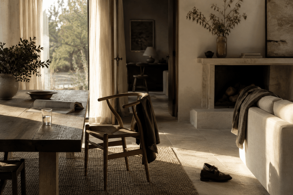 Warm, light-filled living room with natural materials, a fireplace and views of the landscape.