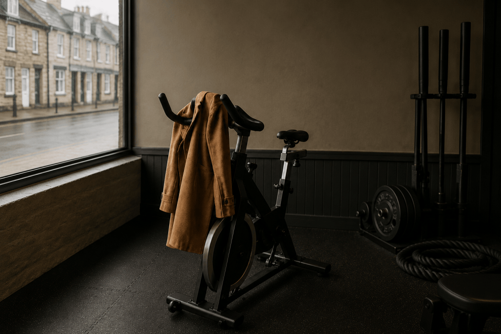 A camel-coloured coat hanging from a spin bike in a quiet village gym, with a rain-dampened street visible through the window.