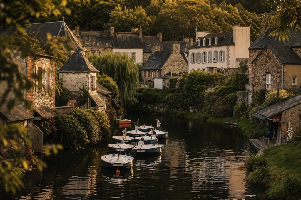 View across the river in Bégard, Brittany, with small boats moored between traditional stone houses.