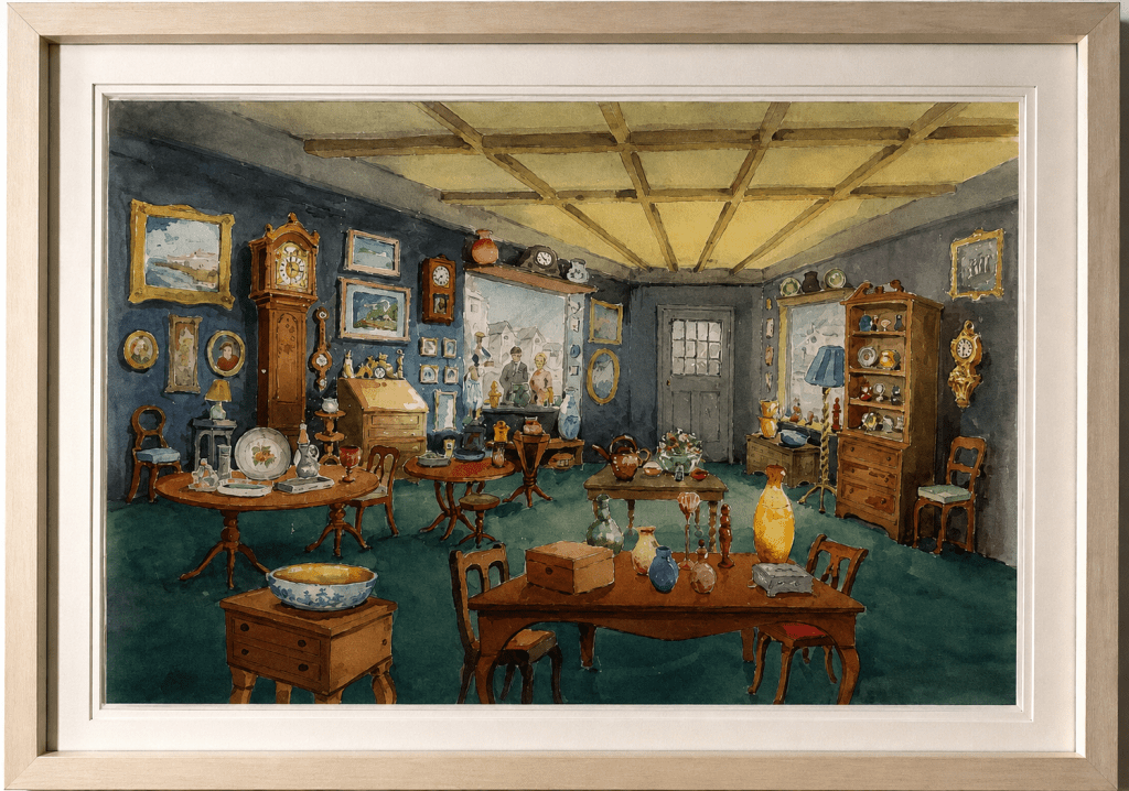 Framed watercolour of an antique shop filled with clocks, furniture, pottery and collected objects.