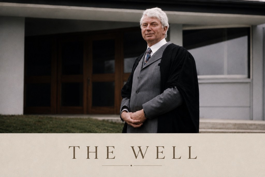 Portrait of Mr. J.A O 'Dwyer former principal, Intermediate School, Killorglin, Co. Kerry,  in academic dress outside a school building, with the title “The Well” below.