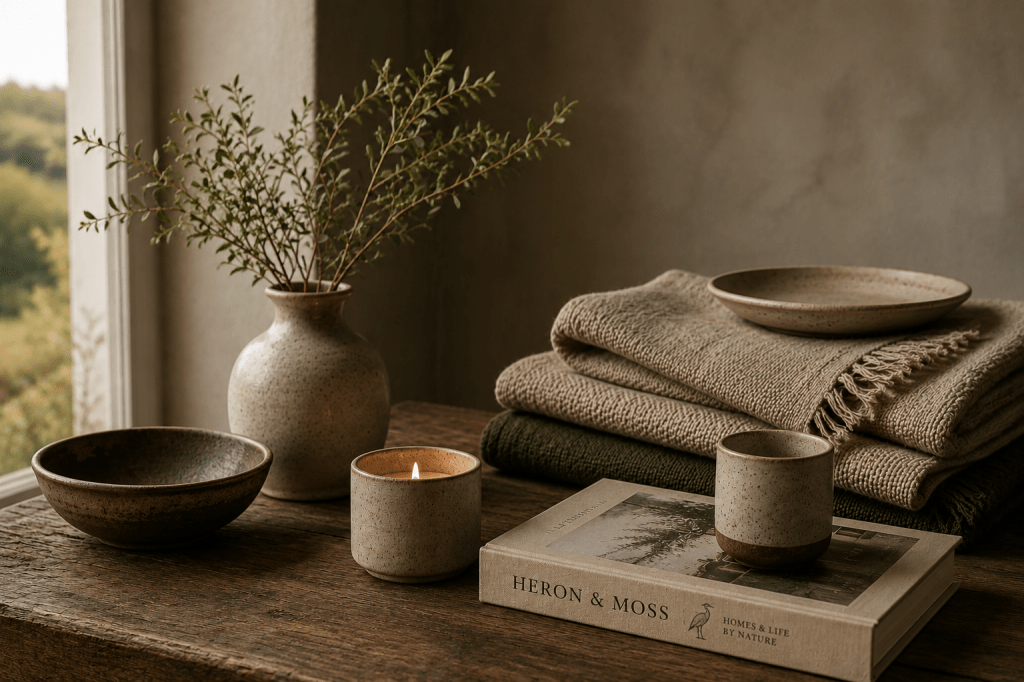 Irish-made ceramics, woven textiles and home objects arranged on a wooden table.