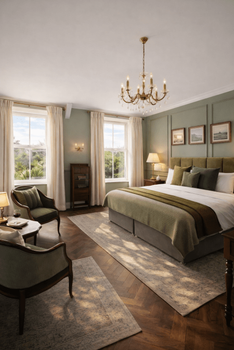 Architectural visualisation by Heron & Moss of a restful bedroom with soft green tones, traditional detailing and natural light.