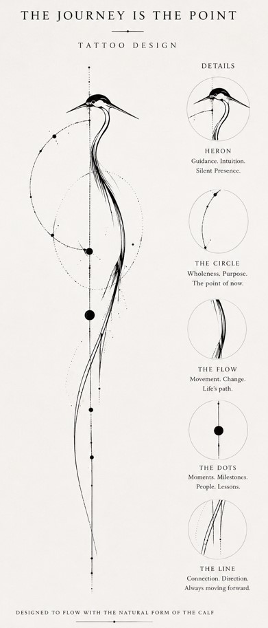 Fine-line heron tattoo design with an incomplete circle, scattered dots and a continuous vertical line, titled The Journey Is the Point.
