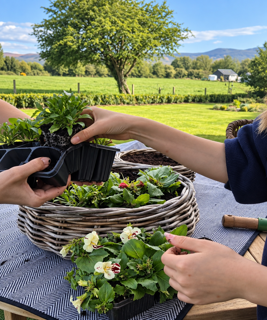 Hands planting flowers at an outdoor table in the garden at Hatfield House, with fields and the Kerry countryside beyond.