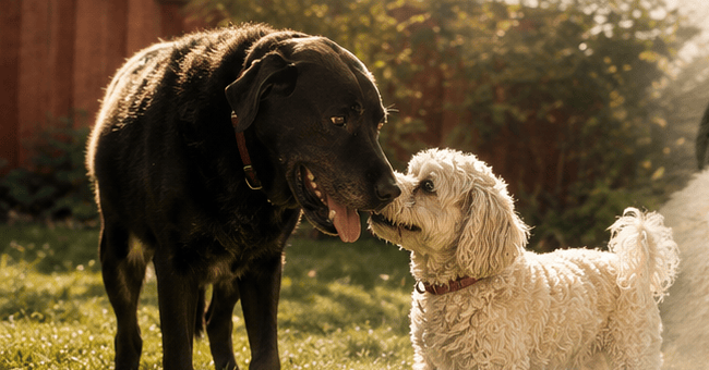 Rosie, a black Labrador cross, touching noses with a young Frasier, a cream Cavachon, in the garden.