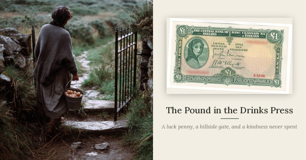 A woman seen from behind carries a bucket of eggs through an iron gate on a stony hillside path, beside an old green Irish one pound note showing Lady Lavery.
