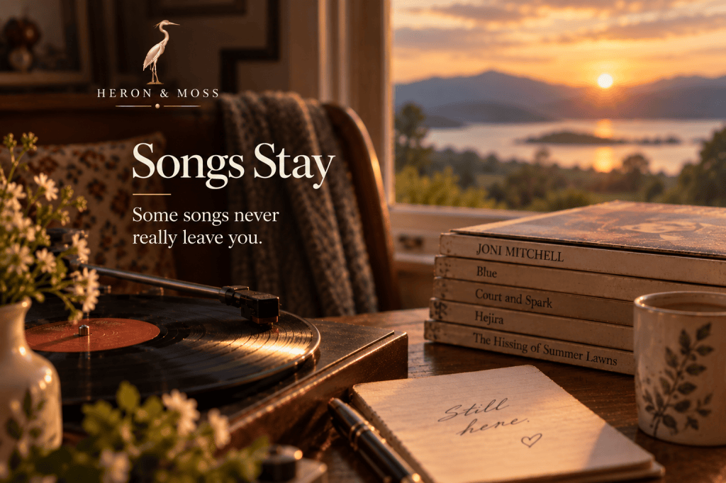 A record playing on a turntable beside a window at sunset, with flowers, a notebook and a stack of records, illustrating the connection between music and memory.