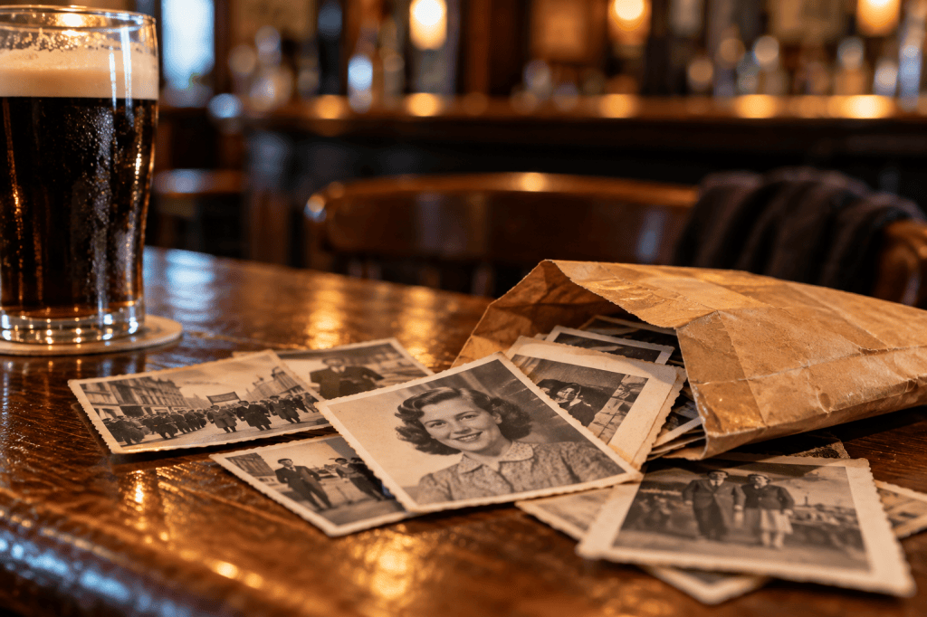 A brown envelope spilling old black-and-white photographs across a polished pub counter beside a pint of stout, illustrating the Heron & Moss story The Photograph in the Envelope.