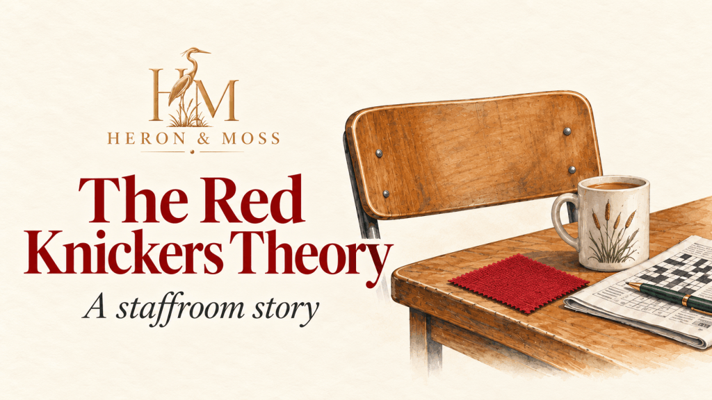 Illustrated cover for “The Red Knickers Theory: A staffroom story,” featuring the gold Heron & Moss logo, a wooden chair, a mug of tea, a crossword and a red fabric swatch on a cream background.