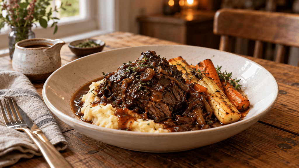 Slow-braised beef cheeks in glossy gravy over mashed potatoes, with roasted carrots and parsnips, served on a ceramic plate at a wooden table.